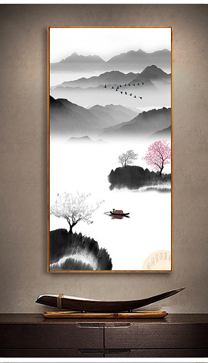 江山多娇新中式水墨禅意山水玄关背景墙壁画