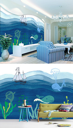 手绘海洋世界地中海壁画
