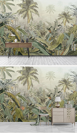 中世纪手绘热带雨林植物芭蕉叶电视背景墙