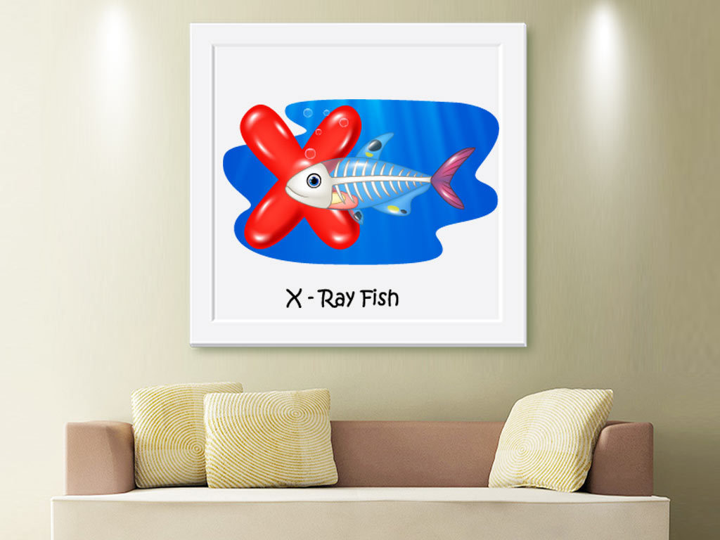 蓝色客厅骨头鱼矢量X字母画卡通教学装饰画