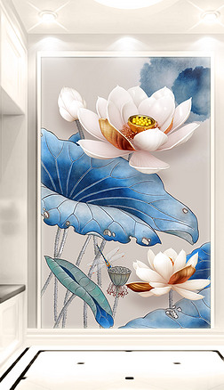 立体浮雕荷花新中式水墨画玄关背景墙壁画