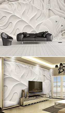 北欧现代简约白色浮雕3d立体热带植物壁画