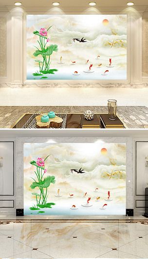 原创爱莲说大理石石纹山水锦鲤鲤鱼电视背景墙