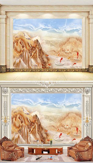 蓝天白云石纹山水大理石鲤鱼锦鲤背景墙