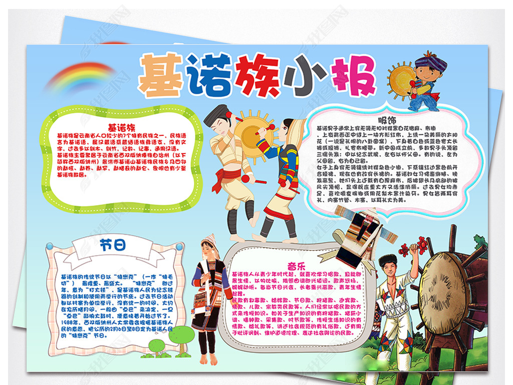 原创卡通少数民族基诺族风俗服饰手抄报版权可商用