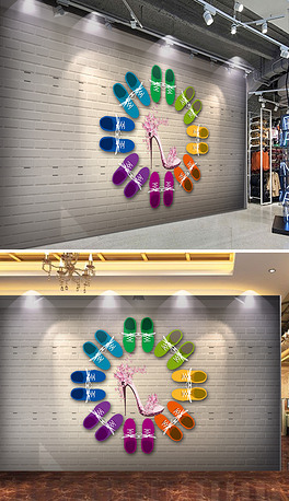 3d橱窗鞋店手绘工装背景墙