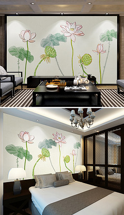 素雅新中式禅意水墨荷花手绘背景墙装饰画