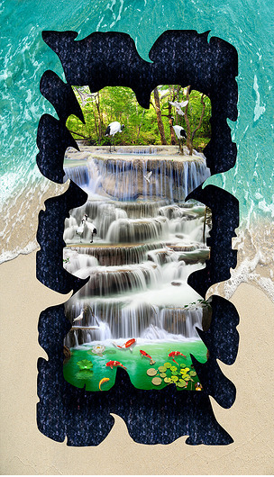 原创流水生财仙鹤鲤鱼瀑布3d立体画地板版权可商用