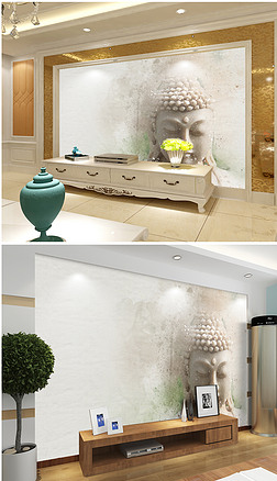 复古做旧佛头电视背景墙