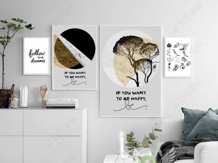 金色树木风景英文简约北欧沙发照片墙无框画
