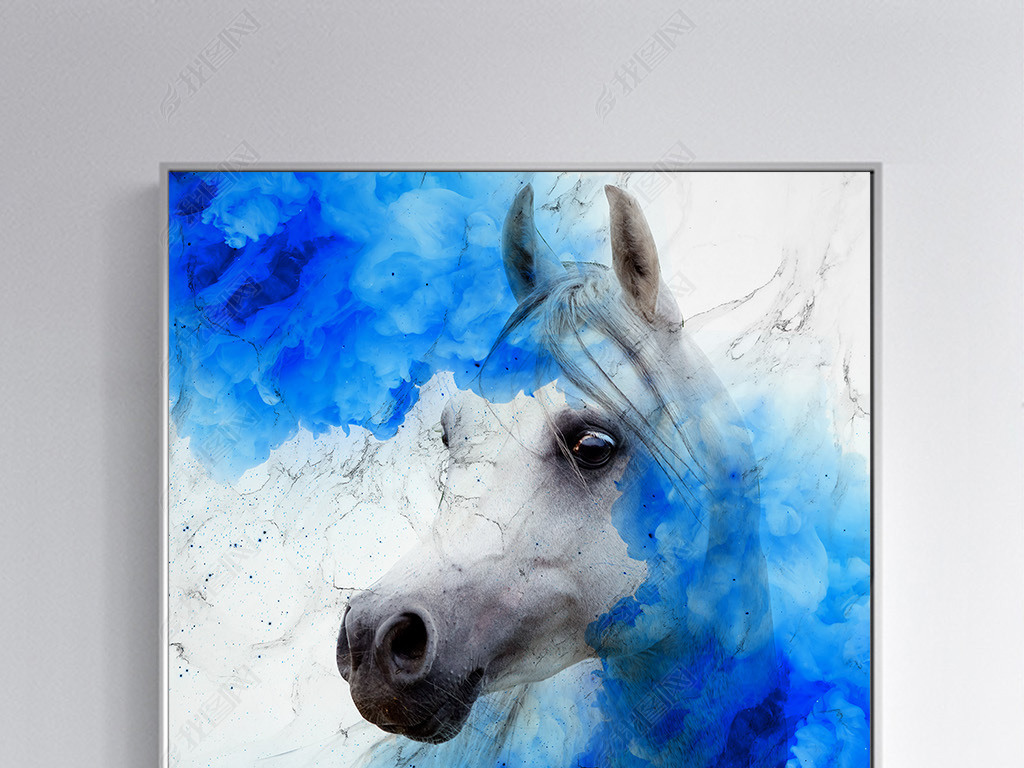北欧现代大理石纹蓝色抽象骏马水墨线条装饰画