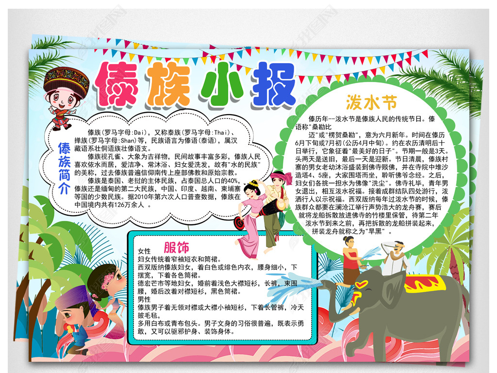 原创傣族小报56个民族风俗泼水节手抄报素材版权可商用