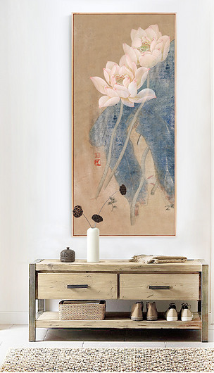 新中式工笔荷花玄关装饰画手绘素雅禅意荷花