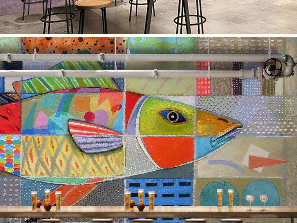 墙绘涂鸦油画酒吧咖啡厅背景墙装饰画无框画