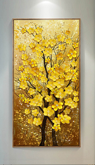 现代金色发财树油画玄关装饰画
