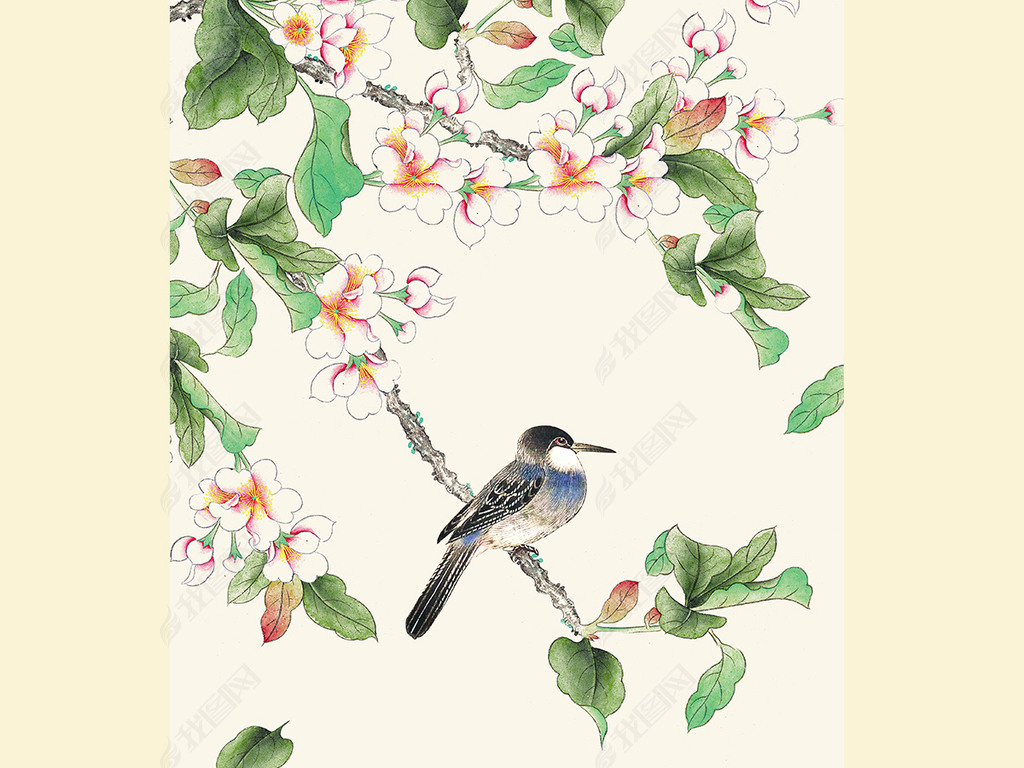 海棠花手绘工笔花鸟新中式玄关背景墙装饰画