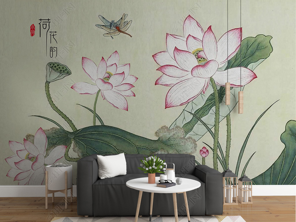 现代简约小清新手绘荷花蜻蜓电视背景墙