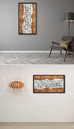 新中式抽象线条金属装饰画挂画木纹无框画