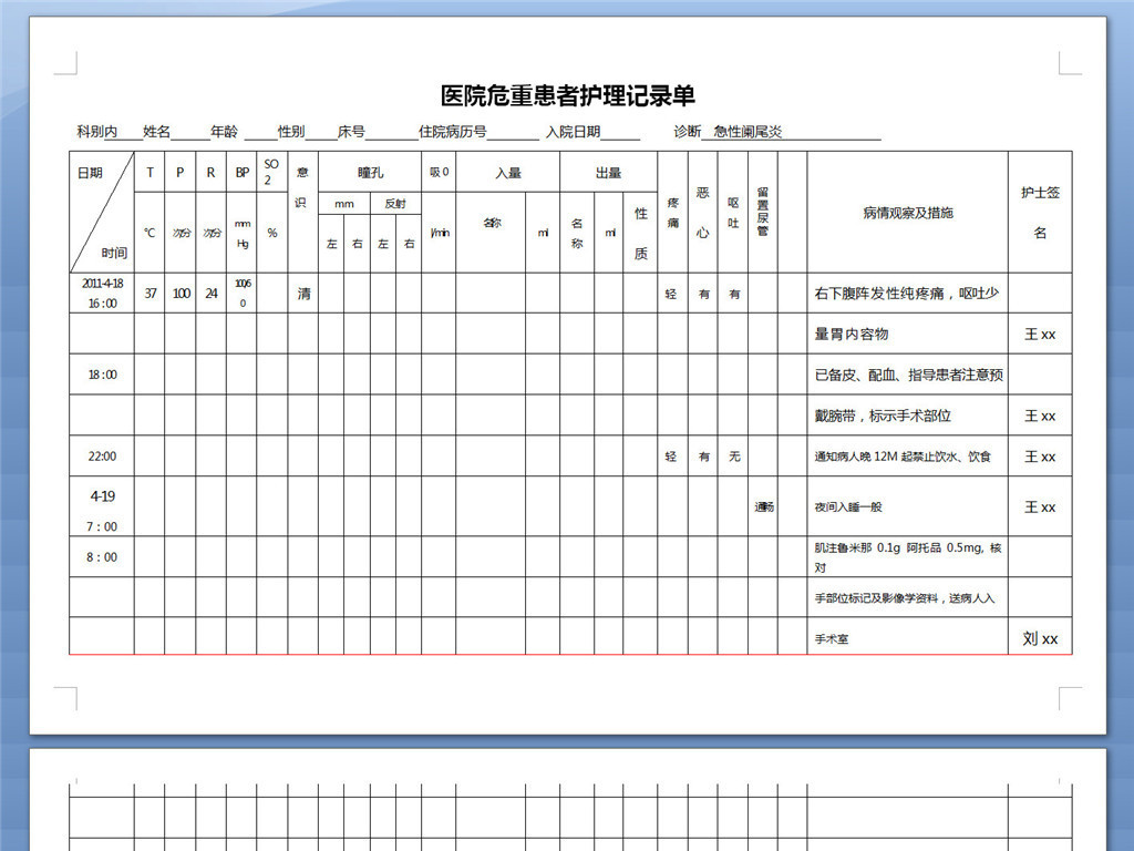 二级护理记录单模板图片