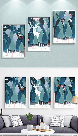 现代清新抽象手绘三联麋鹿动物三联装饰画