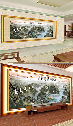 大型国画水墨山水锦绣山河客厅背景墙壁画
