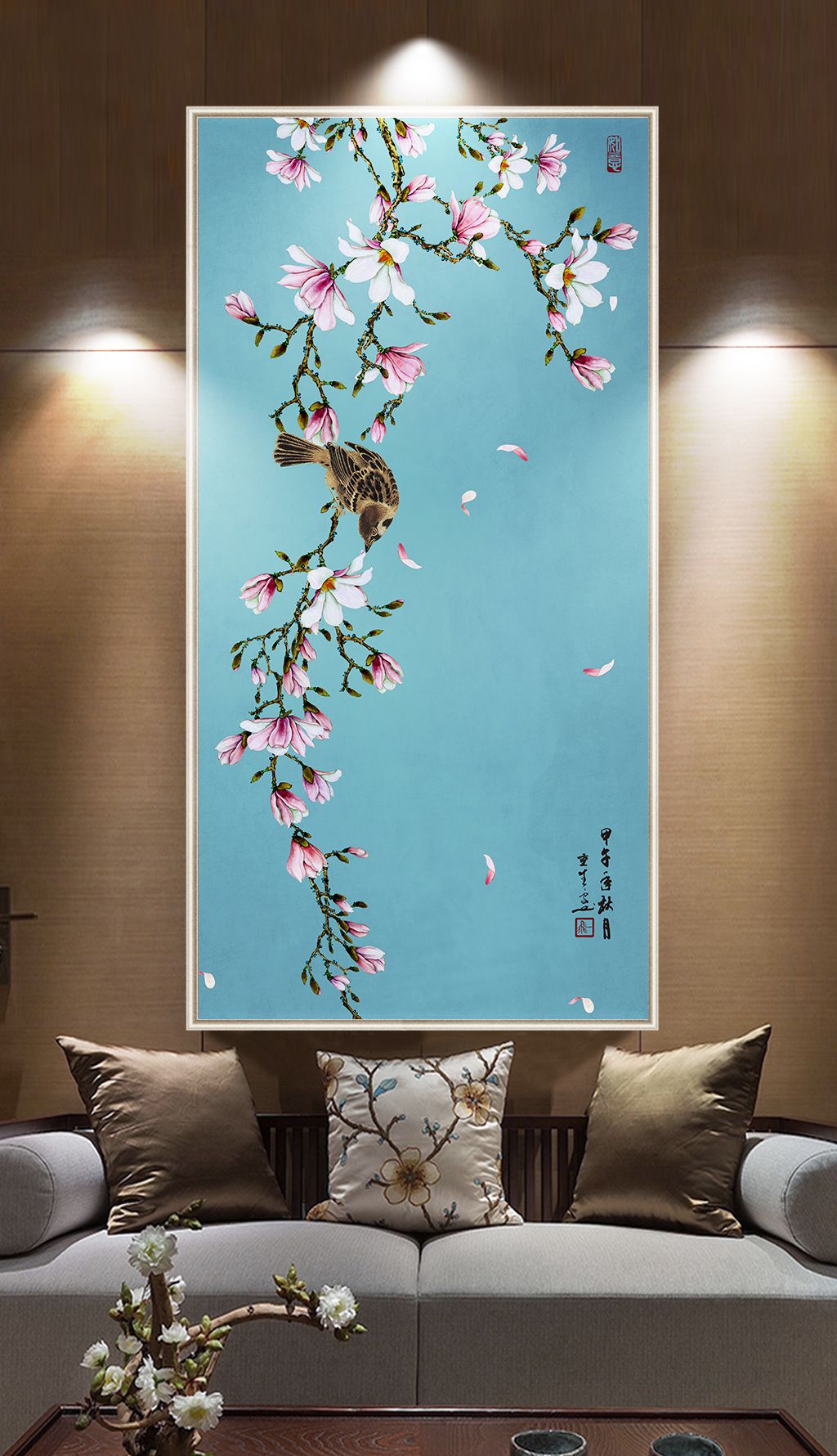 玉兰手绘工笔花鸟新中式玄关背景墙装饰画