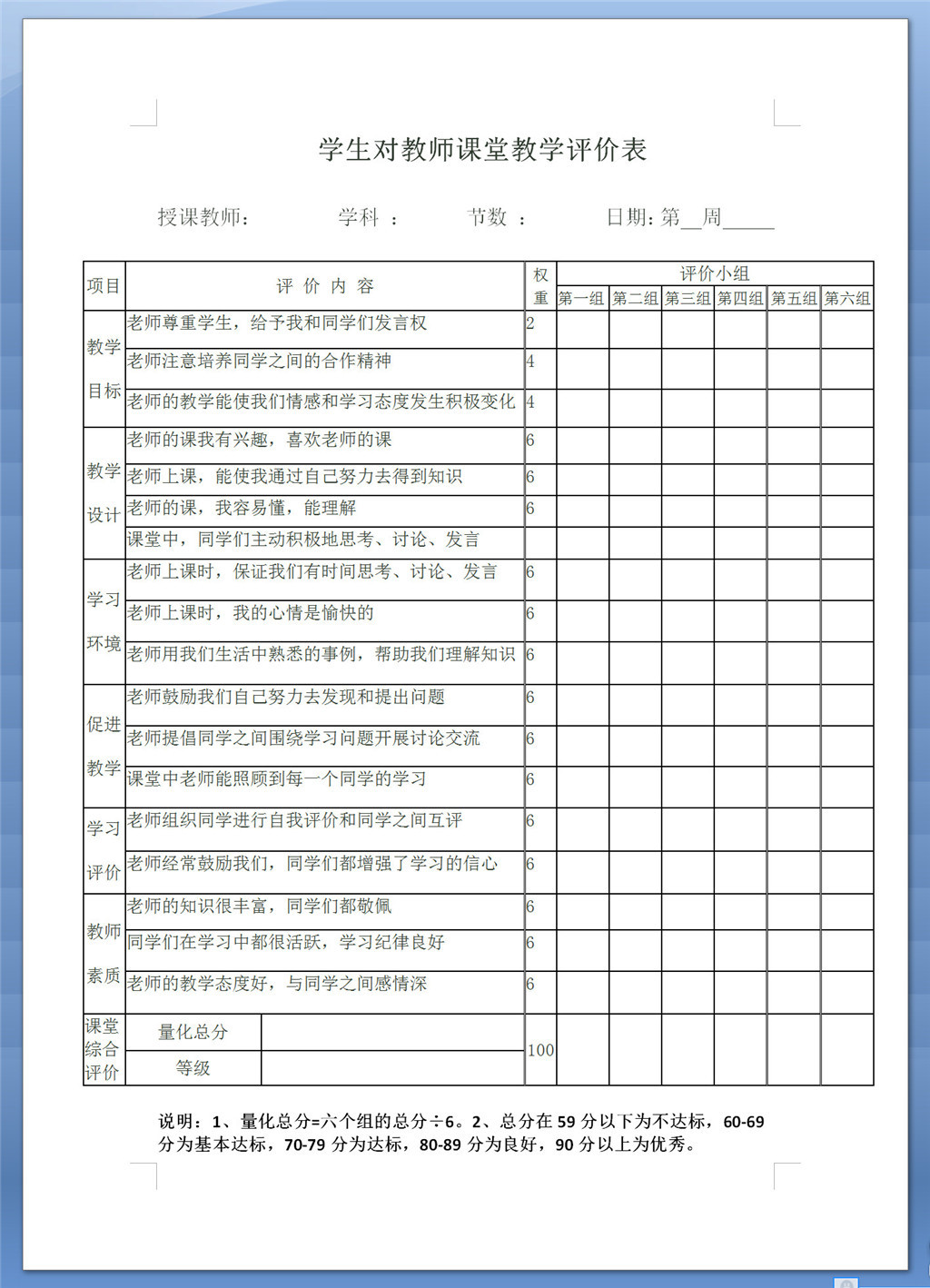 学生对教师课堂教学评价表模版样表