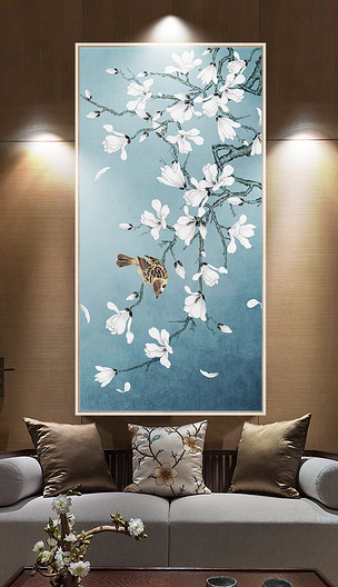 白玉兰手绘工笔花鸟新中式玄关背景墙装饰画