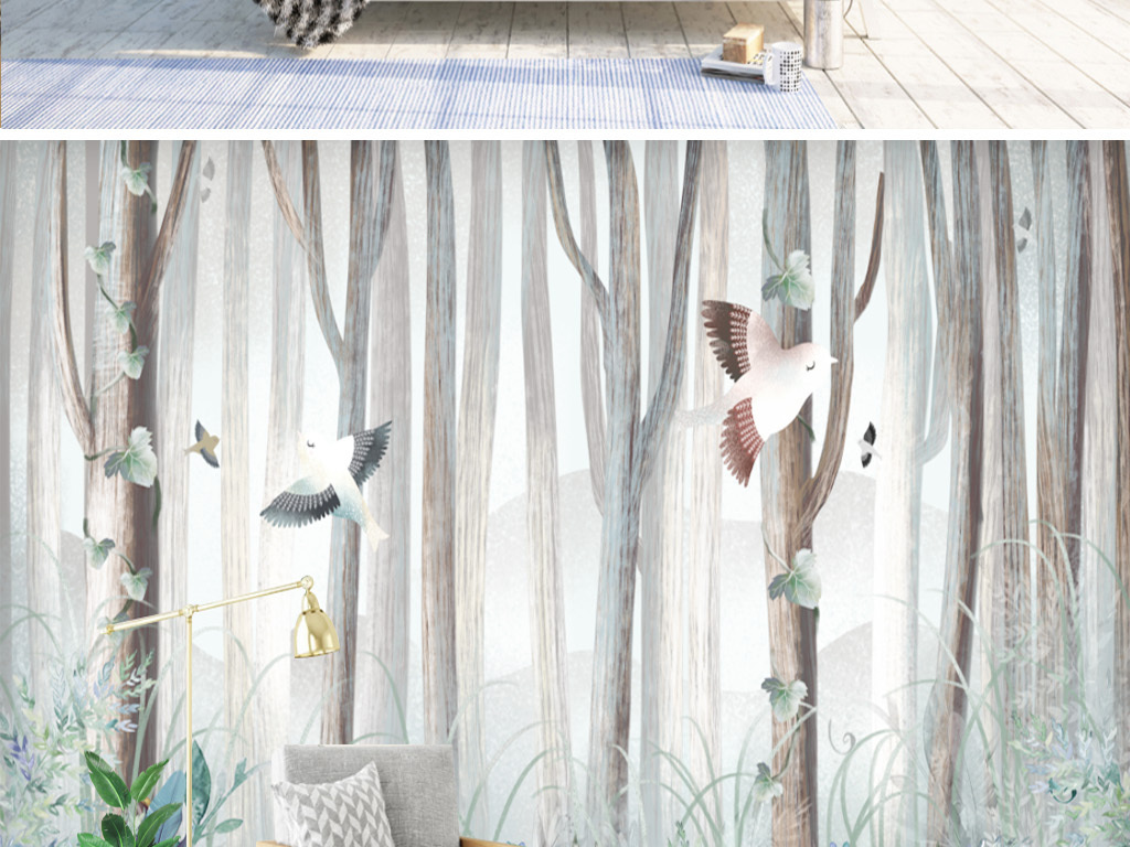 现代简约森林树木动物花草背景墙装饰画