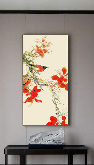 现代中式抽象花鸟花卉玄关墙