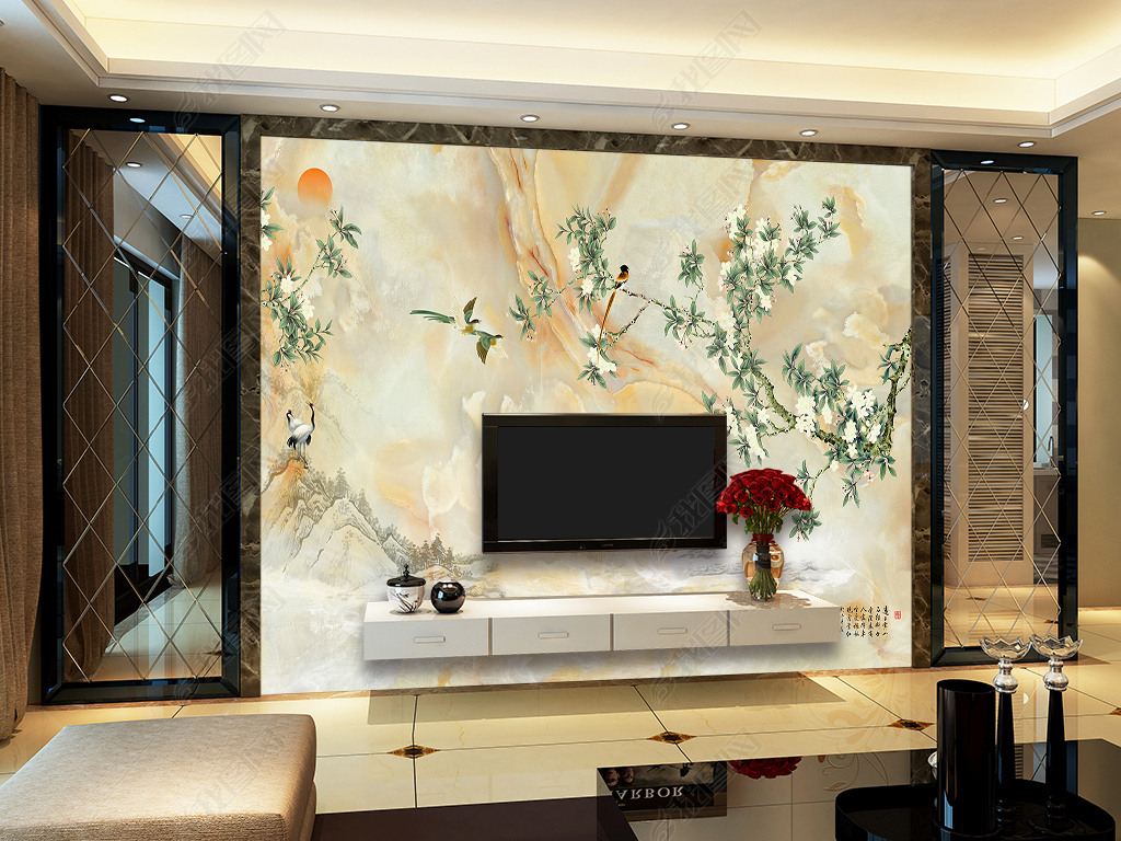 原创中式手绘花鸟大理石客厅电视背景墙