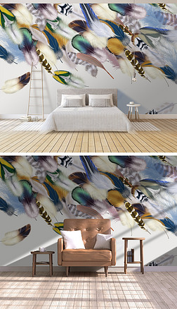 飞舞 羽毛背景墙|现代艺术简约飞舞彩色羽毛客厅背景墙壁画