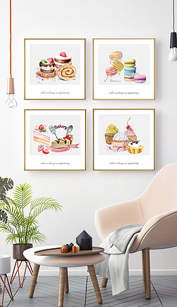 简约北欧餐厅清新水彩手绘甜品蛋糕点心装饰画