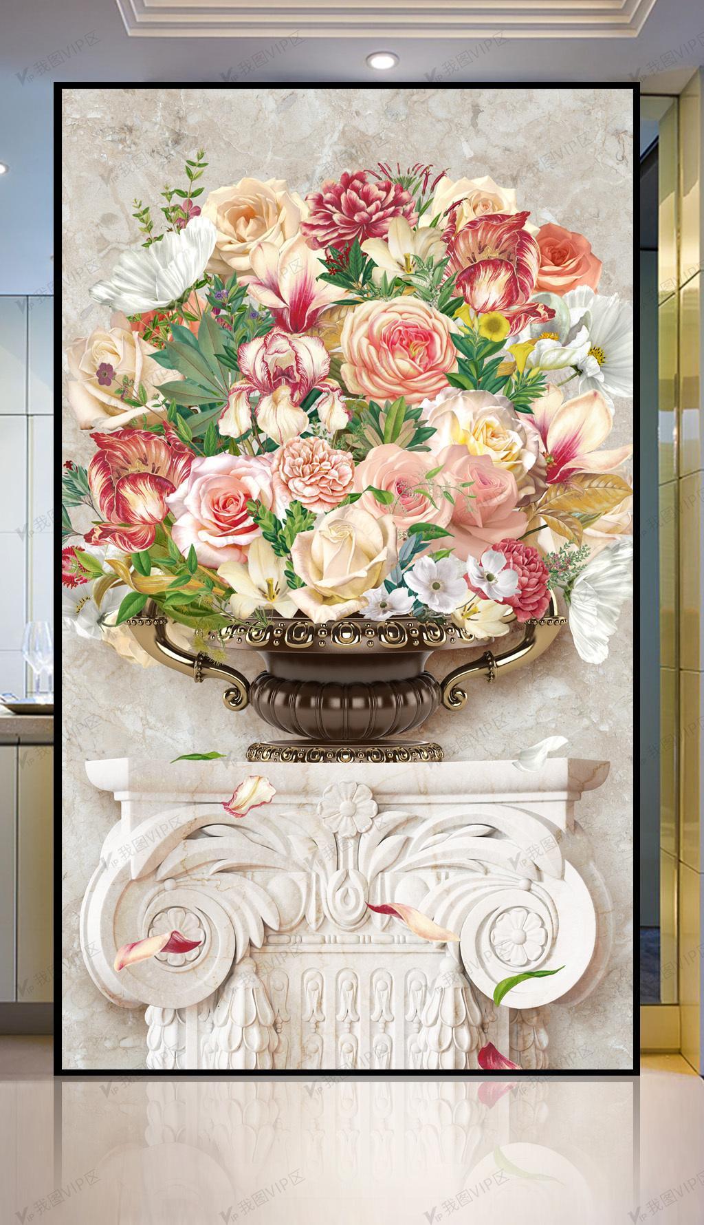 欧美艺术复古大理石纹华丽花卉盆景玄关壁画图片素材(其他格式)免费