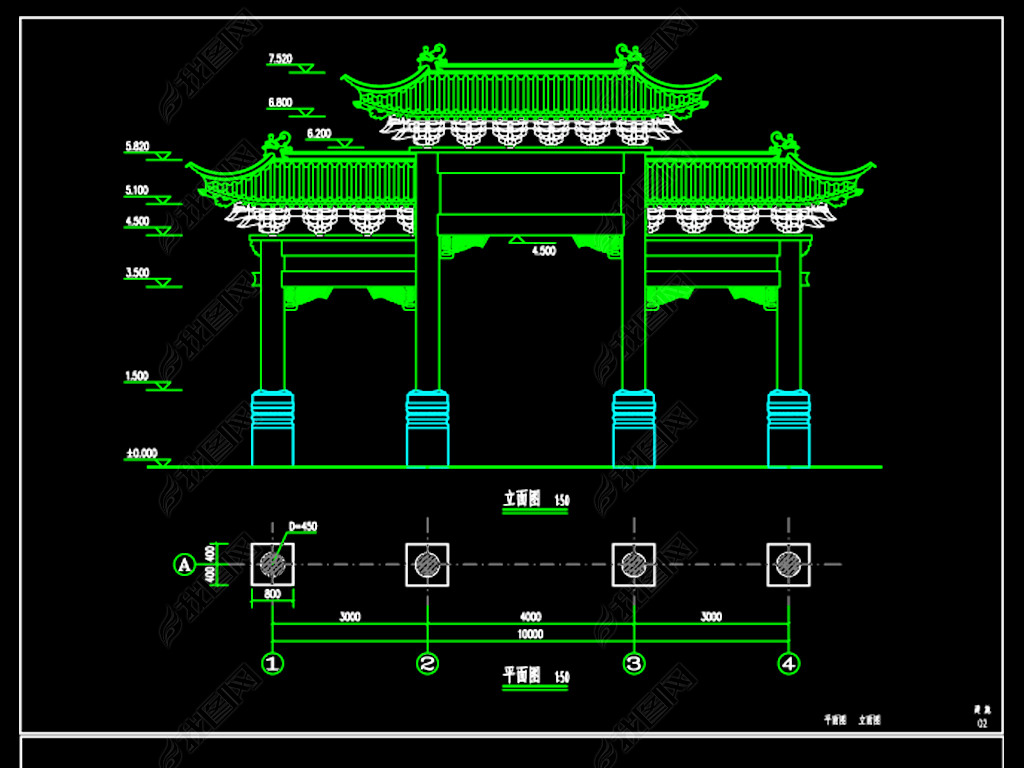 仿清庑殿式四柱三楼牌楼门楼cad图纸