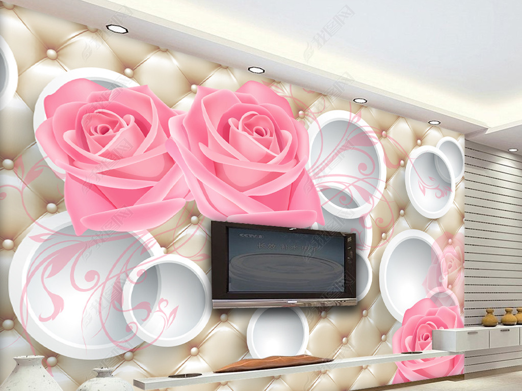 玫瑰花朵3D立体圆圈软包电视背景墙墙纸