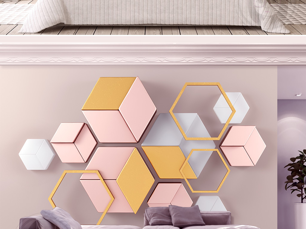 3d立体现代简约几何大理石拼接电视背景墙