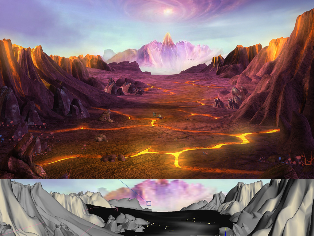 卡通梦幻唯美3d场景火山群全景