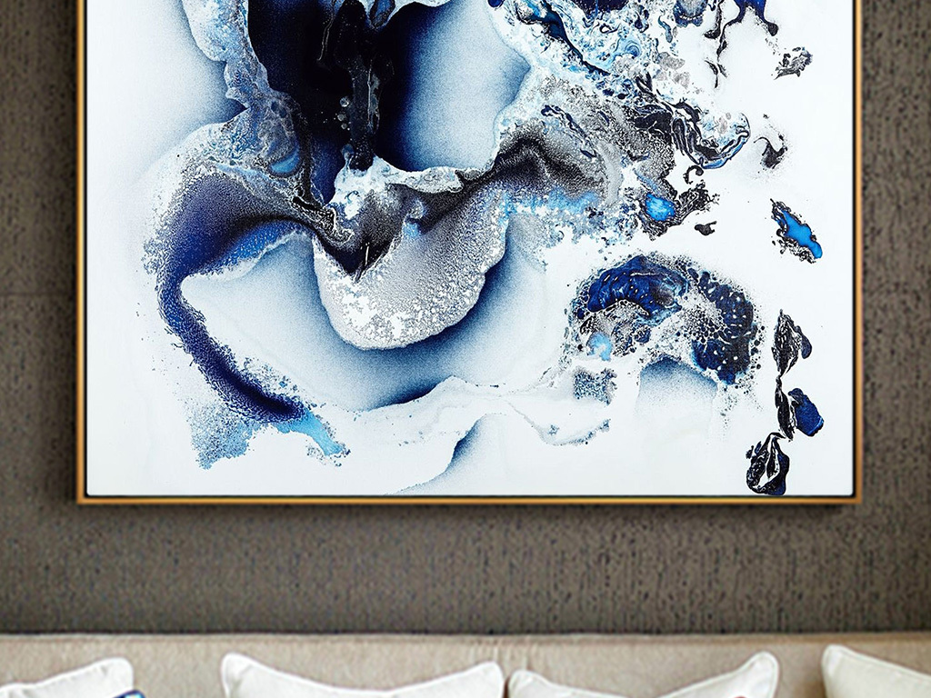简约动感蓝色水墨抽象巨幅装饰画油画