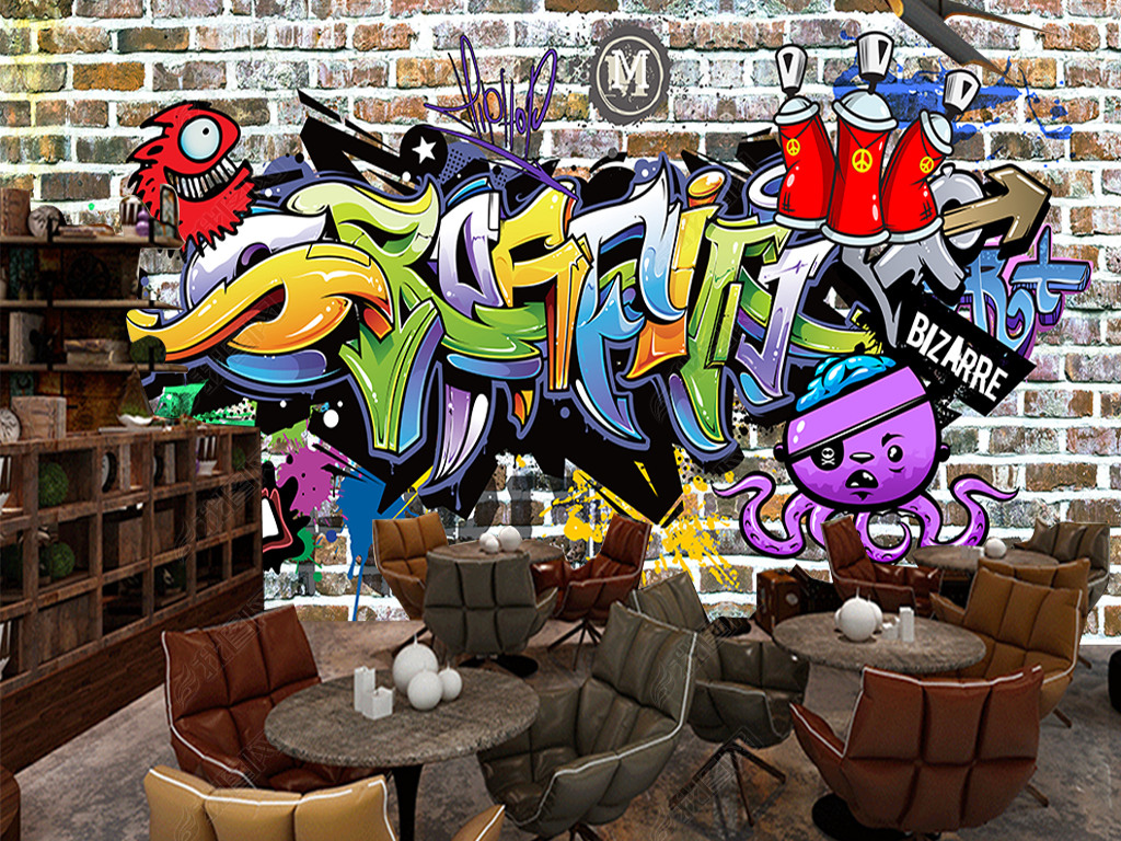 潮流街头砖墙涂鸦ktv酒吧餐厅背景墙