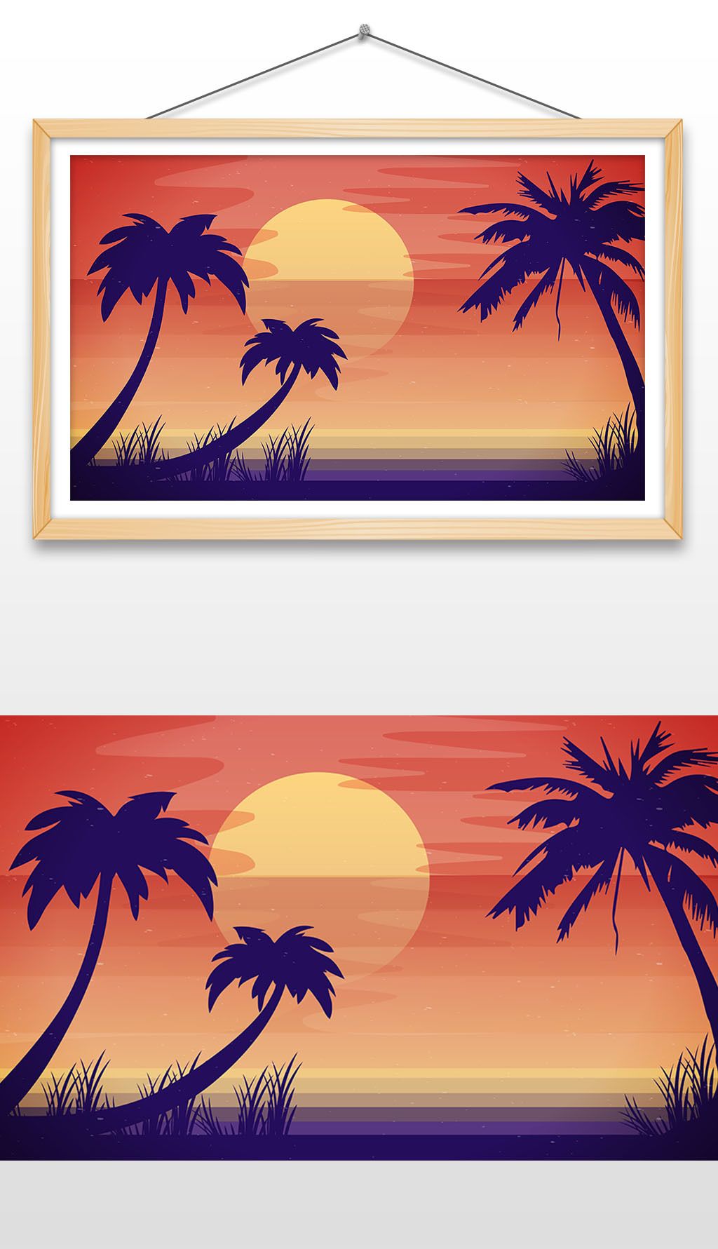 手绘日落风景装饰画矢量图