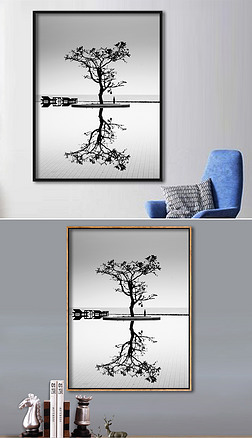 北欧小清新简约黑白树倒影玄关装饰画背景墙
