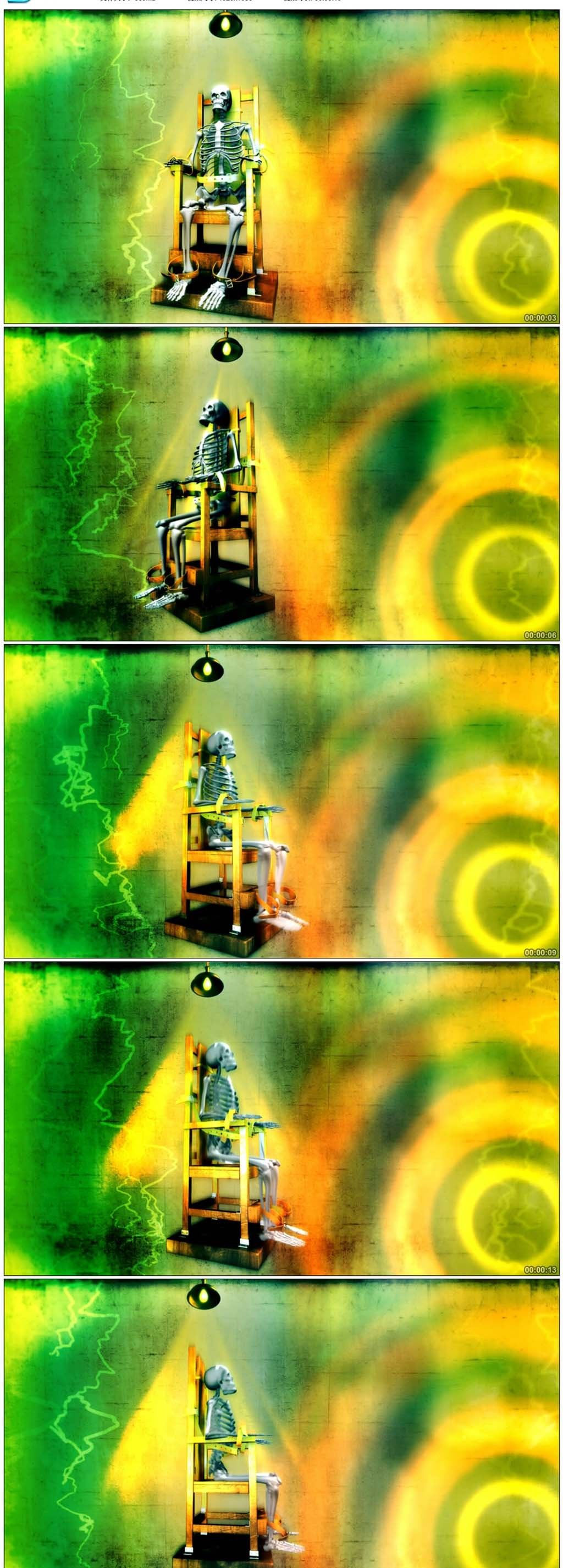原创坐在电椅上的骷髅头被电击跳动高清背景视频版权可商用