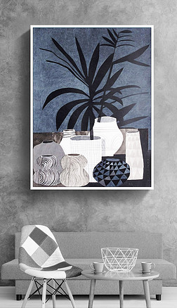 简中抽象画装饰画|花瓶和瓶中花北欧现代小清新手绘静物装饰画