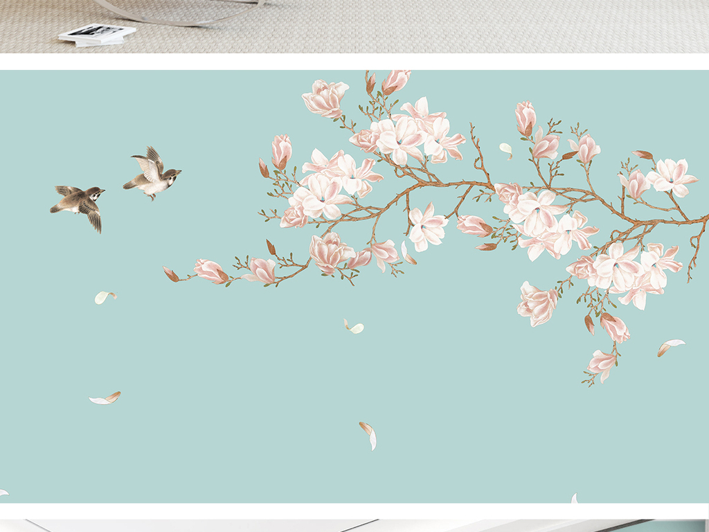 新中式玉兰花手绘工笔花鸟背景墙装饰画