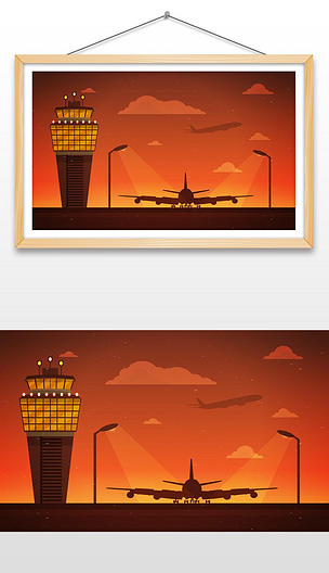 手绘夕阳下的飞机场