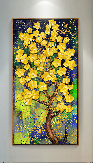 欧式现代金色发财树油画玄关装饰画
