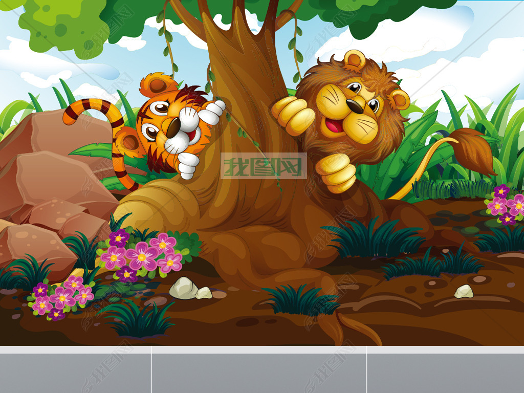 原创狮子老虎卡通动物插画