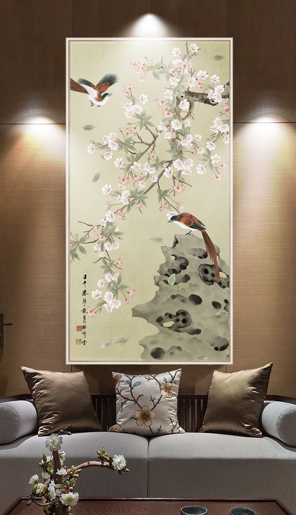 海棠花手绘工笔花鸟新中式玄关背景墙装饰画