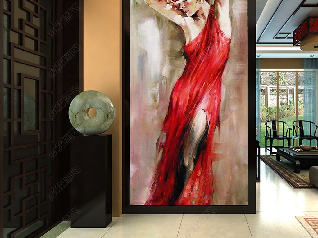 红裙希腊美女西欧手绘印象派现代玄关背景墙